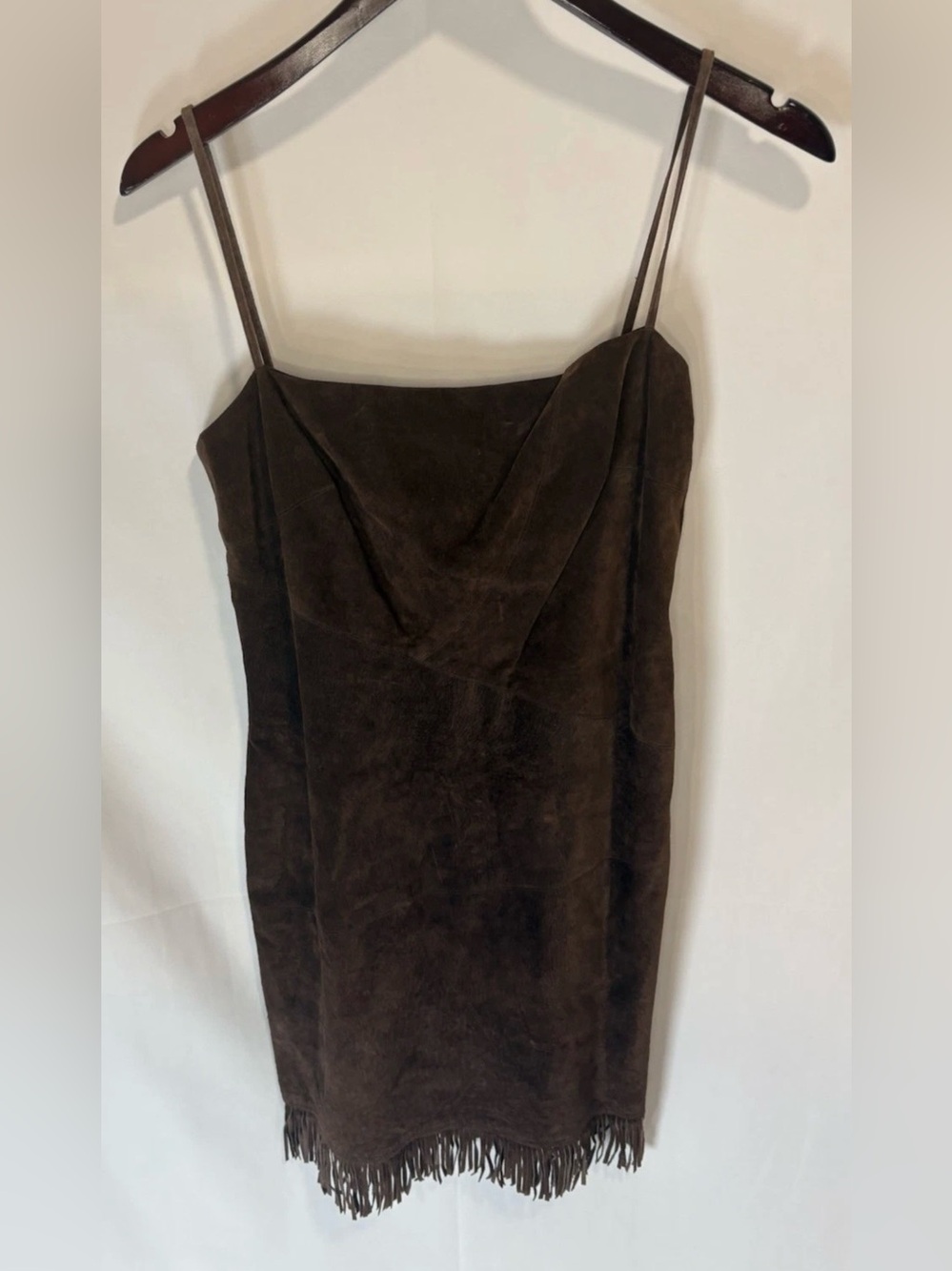Laundry by Shelli Segal 100% Suede Mini Dress Fringe Spaghetti Strap Brown Sz 8